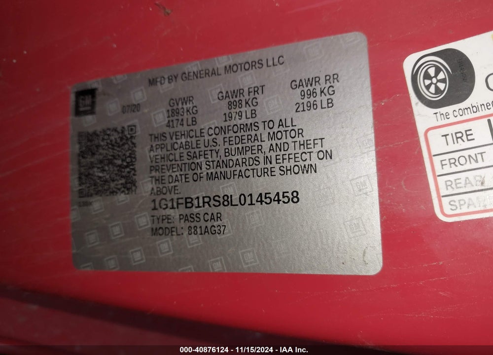 2020 CHEVROLET CAMARO VIN: 1G1FB1RS8L0145458