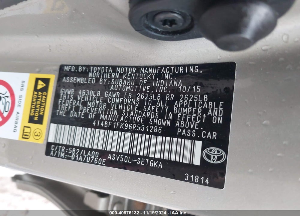 2016 TOYOTA CAMRY XLE VIN: 4T4BF1FK9GR531286