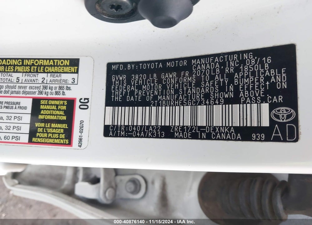2016 TOYOTA COROLLA LE PREMIUM VIN: 2T1BURHE5GC734649