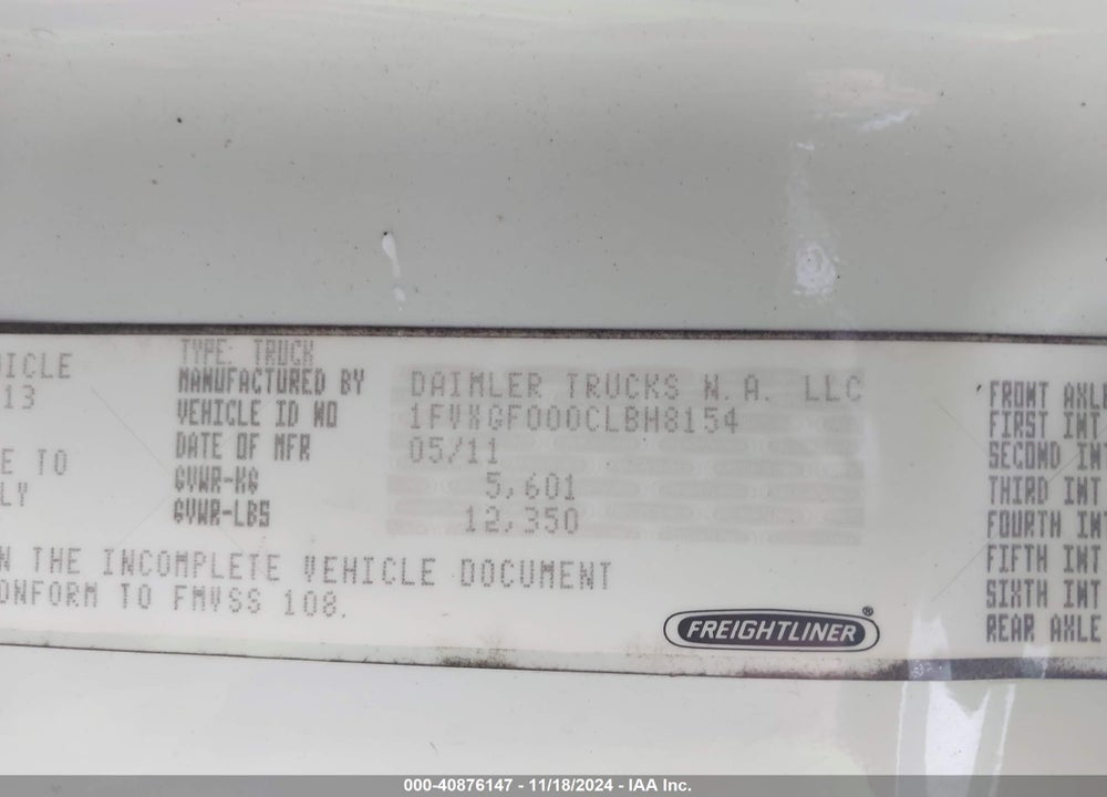 2012 FREIGHTLINER CASCADIA 125 VIN: 1FVXGF000CLBH8154