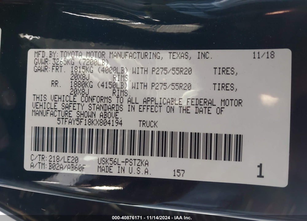 2019 TOYOTA TUNDRA PLATINUM 5.7L V8 VIN: 5TFAY5F18KX804194