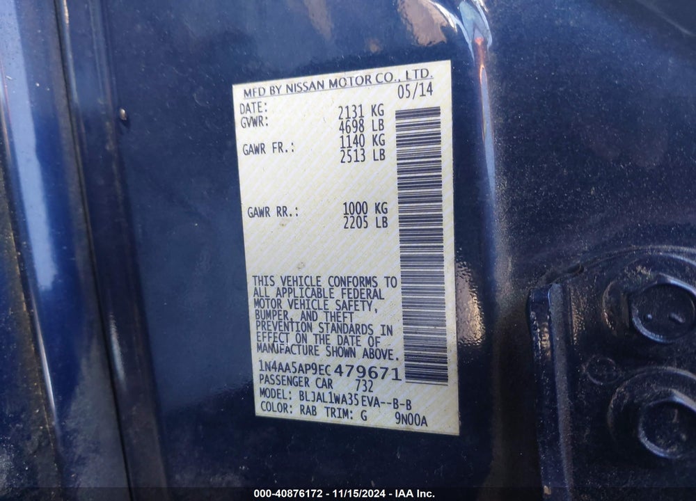 2014 NISSAN MAXIMA 3.5 SV VIN: 1N4AA5AP9EC479671