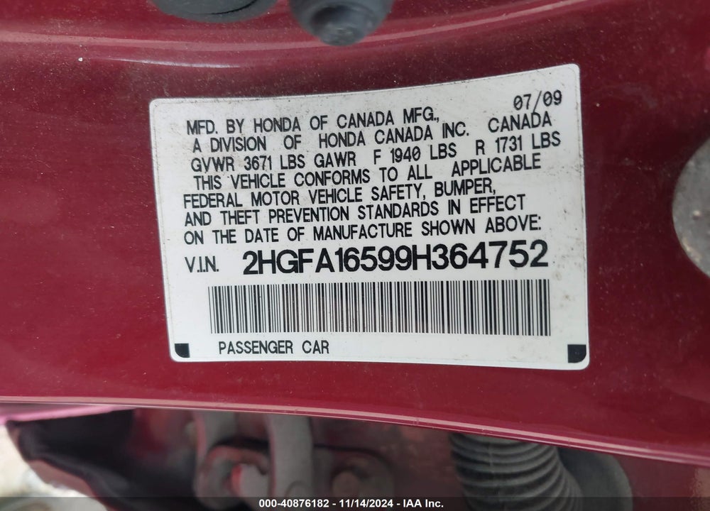 2009 HONDA CIVIC LX VIN: 2HGFA16599H364752