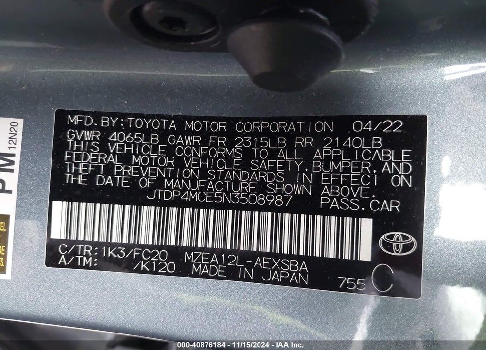 2022 TOYOTA COROLLA VIN: JTDP4MCE5N3508987