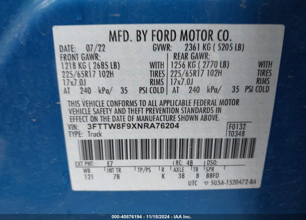 2022 FORD MAVERICK XLT VIN: 3FTTW8F9XNRA76204