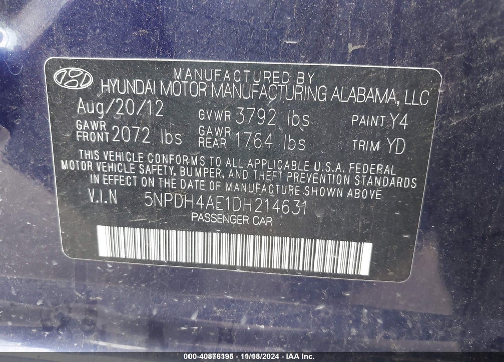 2013 HYUNDAI ELANTRA GLS VIN: 5NPDH4AE1DH214631