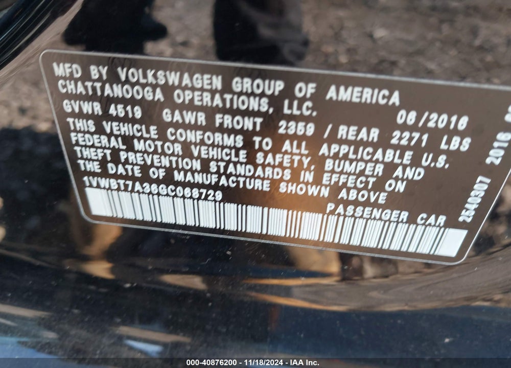 2016 VOLKSWAGEN PASSAT 1.8T SE VIN: 1VWBT7A36GC068729