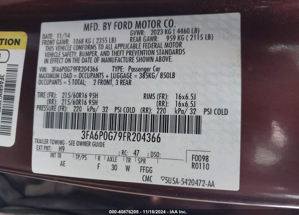 2015 FORD FUSION S VIN: 3FA6P0G79FR204366