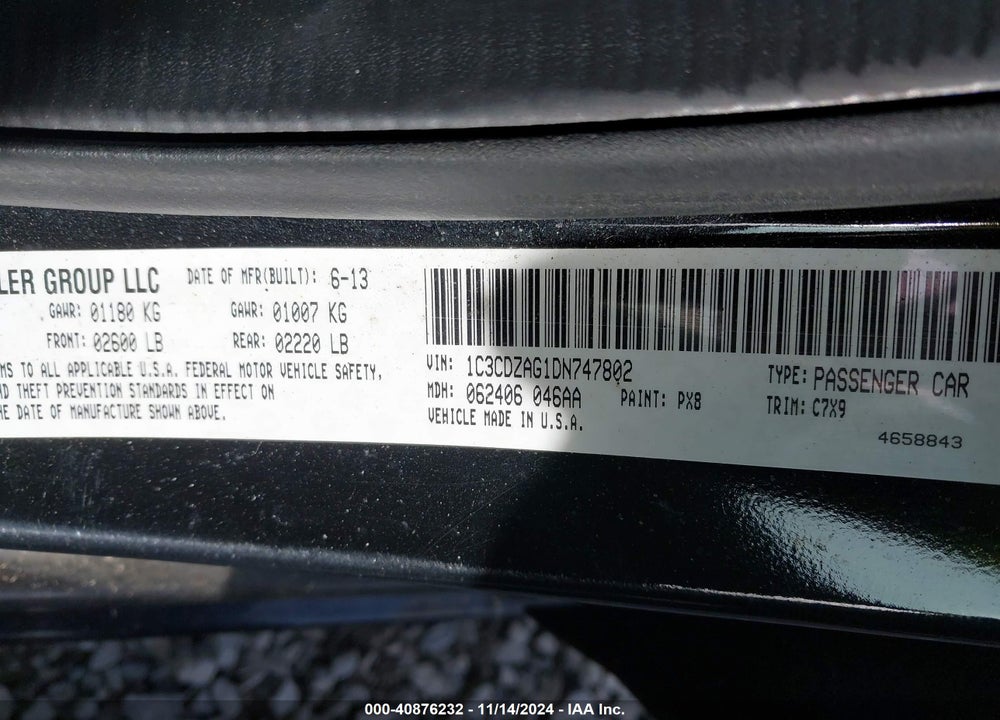 2013 DODGE AVENGER SE V6 VIN: 1C3CDZAG1DN747802