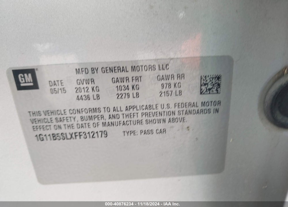 2015 CHEVROLET MALIBU VIN: 1G11B5SLXFF312179