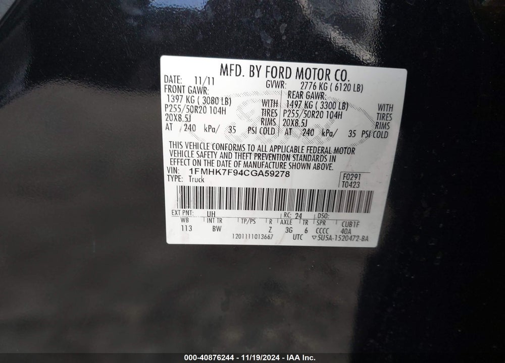 2012 FORD EXPLORER LIMITED VIN: 1FMHK7F94CGA59278