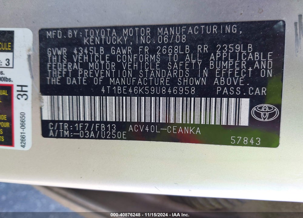 2009 TOYOTA CAMRY LE VIN: 4T1BE46K59U846958