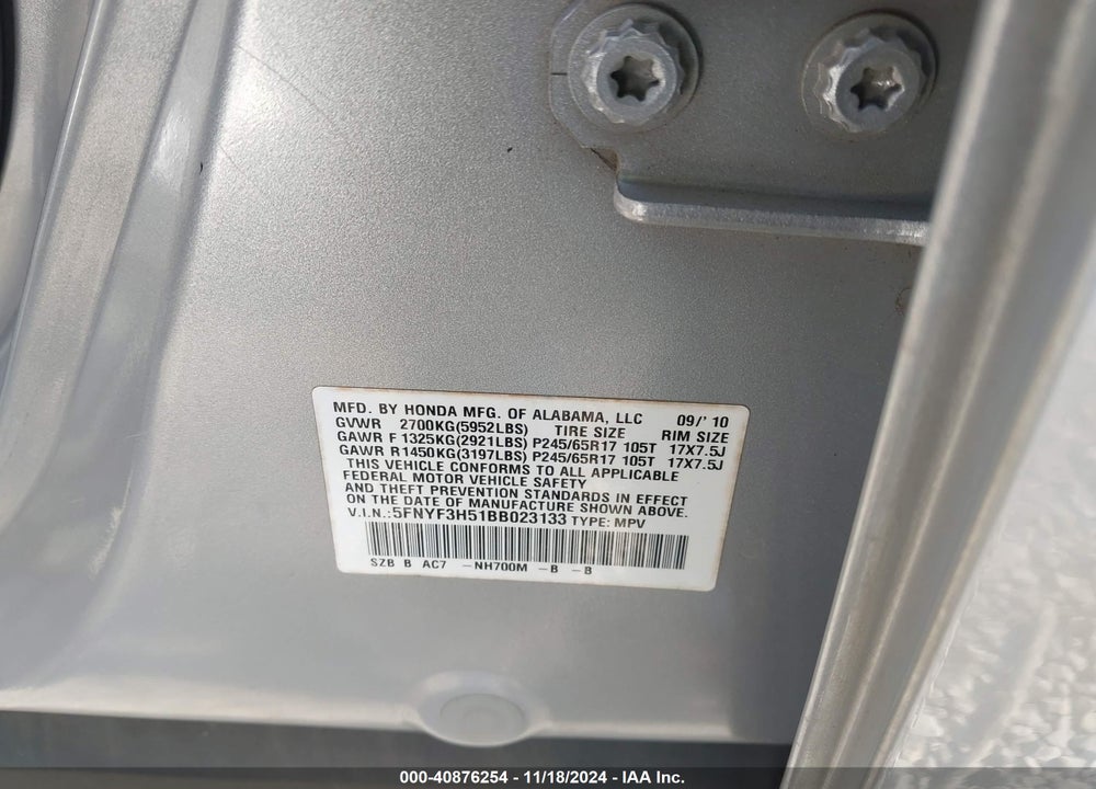 2011 HONDA PILOT EX-L VIN: 5FNYF3H51BB023133