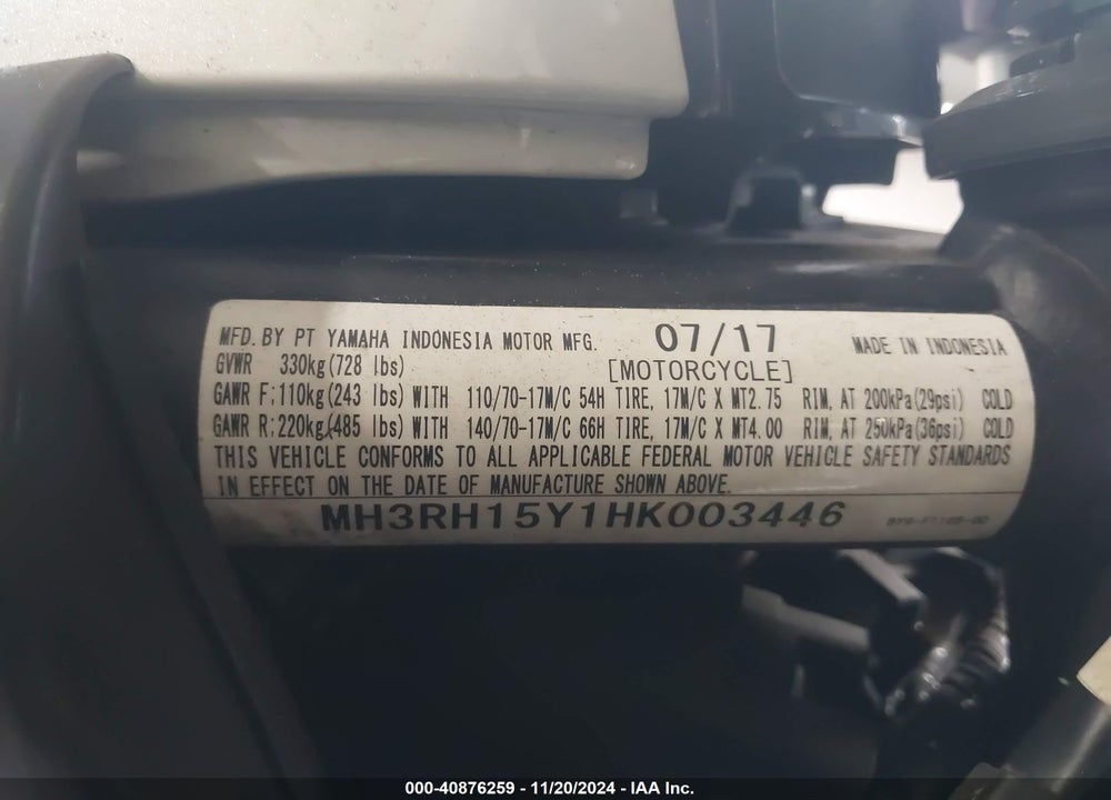 2017 YAMAHA YZFR3 A VIN: MH3RH15Y1HK003446