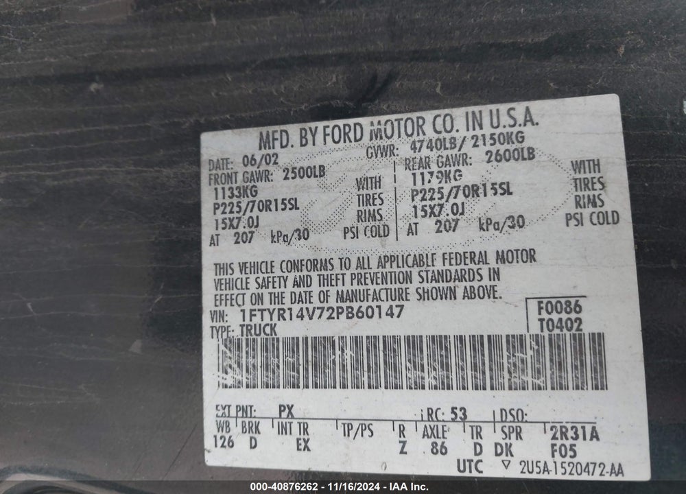 2002 FORD RANGER EDGE/TREMOR/XL/XLT VIN: 1FTYR14V72PB60147