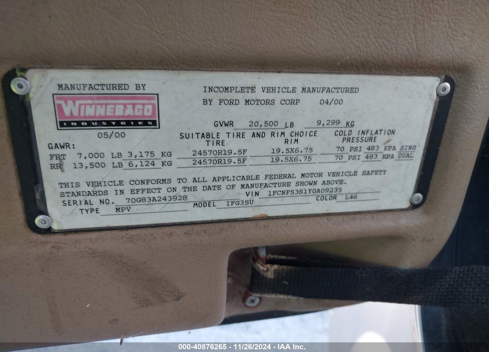 2000 FORD F550 SUPER DUTY STRIPPED CHASS VIN: 1FCNF53S1Y0A09235