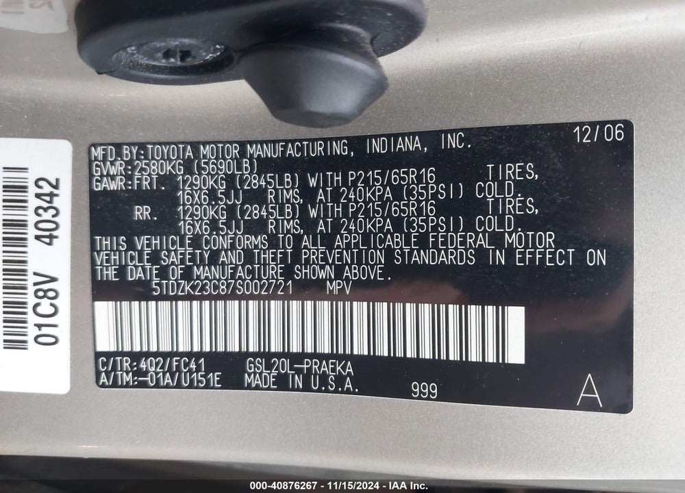 2007 TOYOTA SIENNA LE VIN: 5TDZK23C87S002721