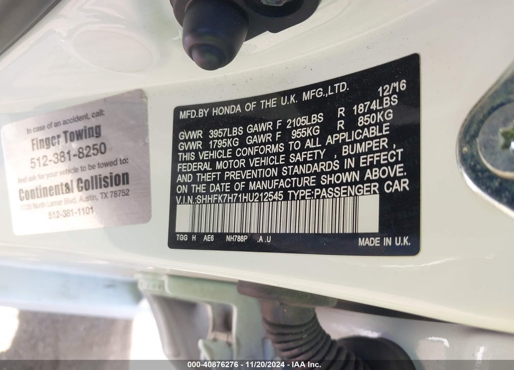 2017 HONDA CIVIC EX-L VIN: SHHFK7H71HU212545