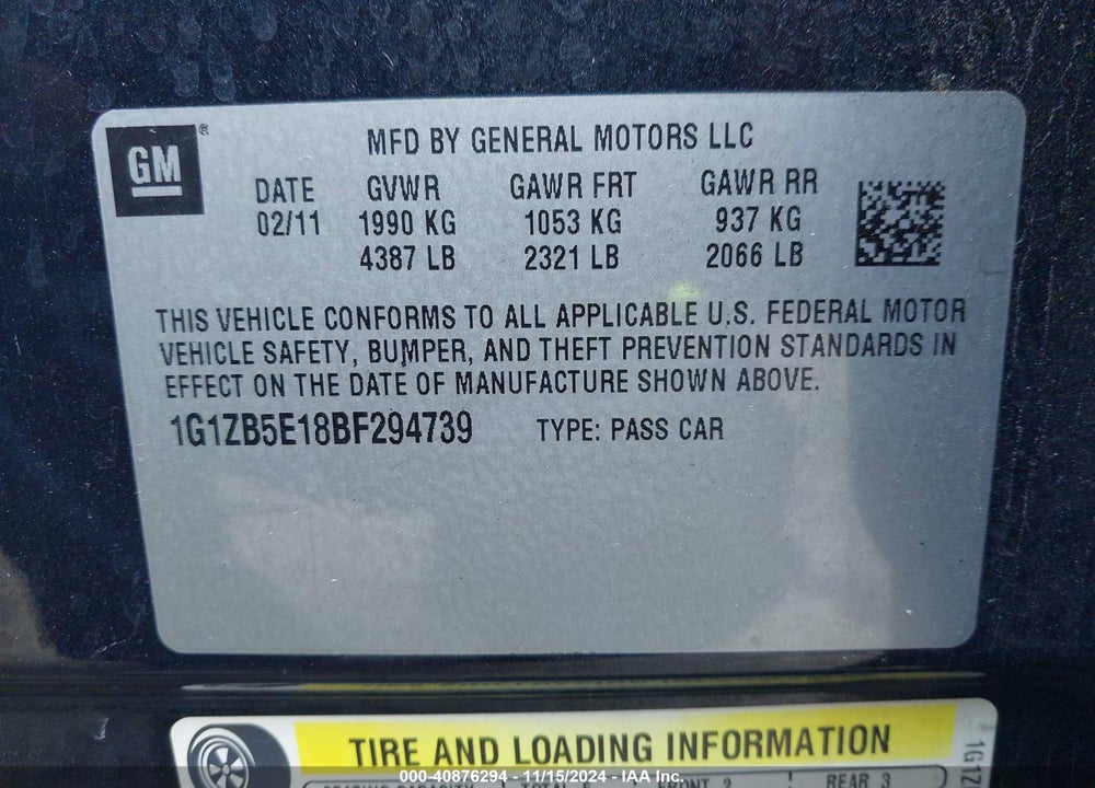 2011 CHEVROLET MALIBU LS VIN: 1G1ZB5E18BF294739