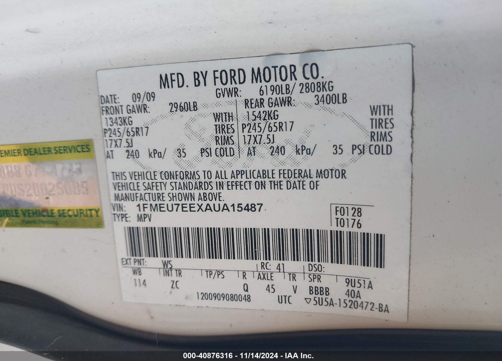 2010 FORD EXPLORER EDDIE BAUER VIN: 1FMEU7EEXAUA15487