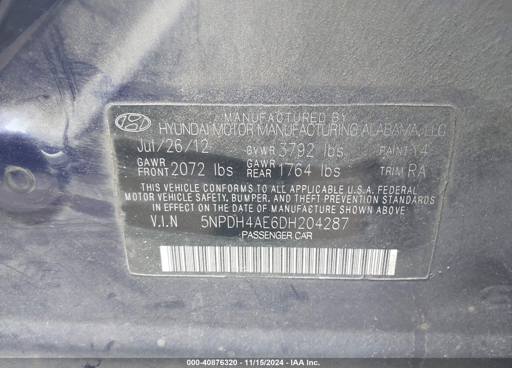 2013 HYUNDAI ELANTRA LIMITED VIN: 5NPDH4AE6DH204287