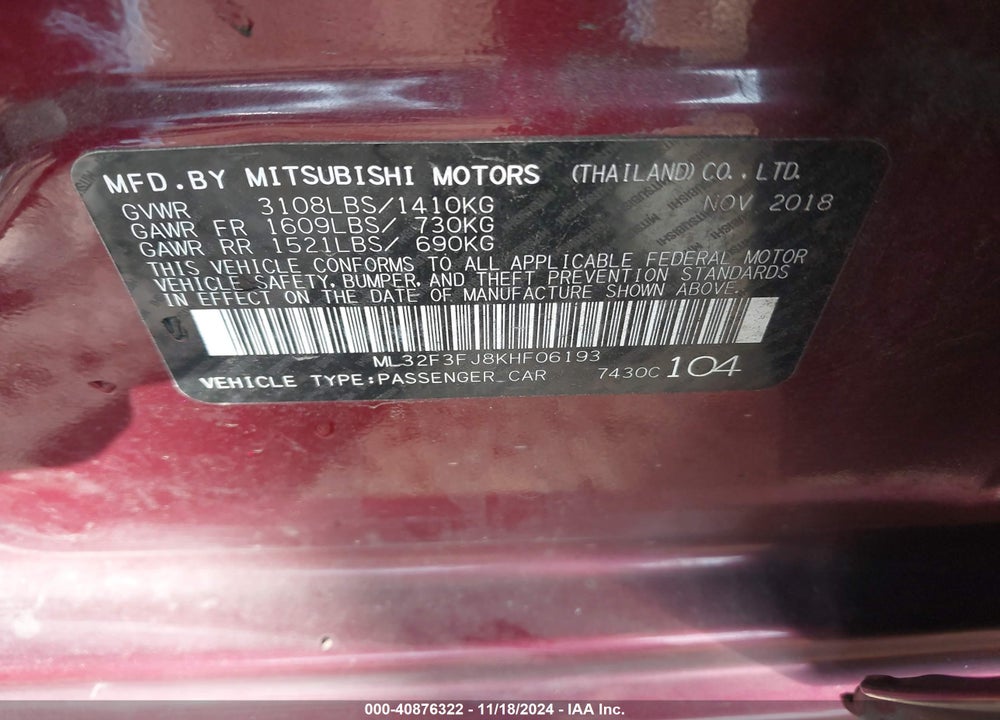 2019 MITSUBISHI MIRAGE G4 ES VIN: ML32F3FJ8KHF06193