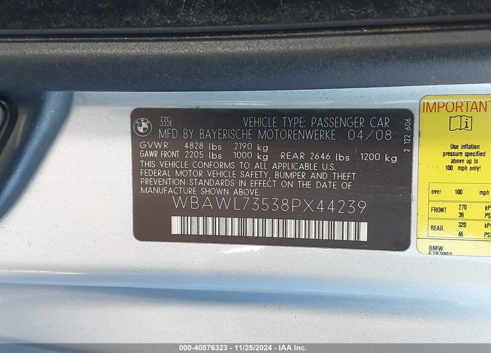 2008 BMW 335I VIN: WBAWL73538PX44239