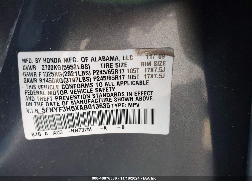 2010 HONDA PILOT EX-L VIN: 5FNYF3H5XAB013635