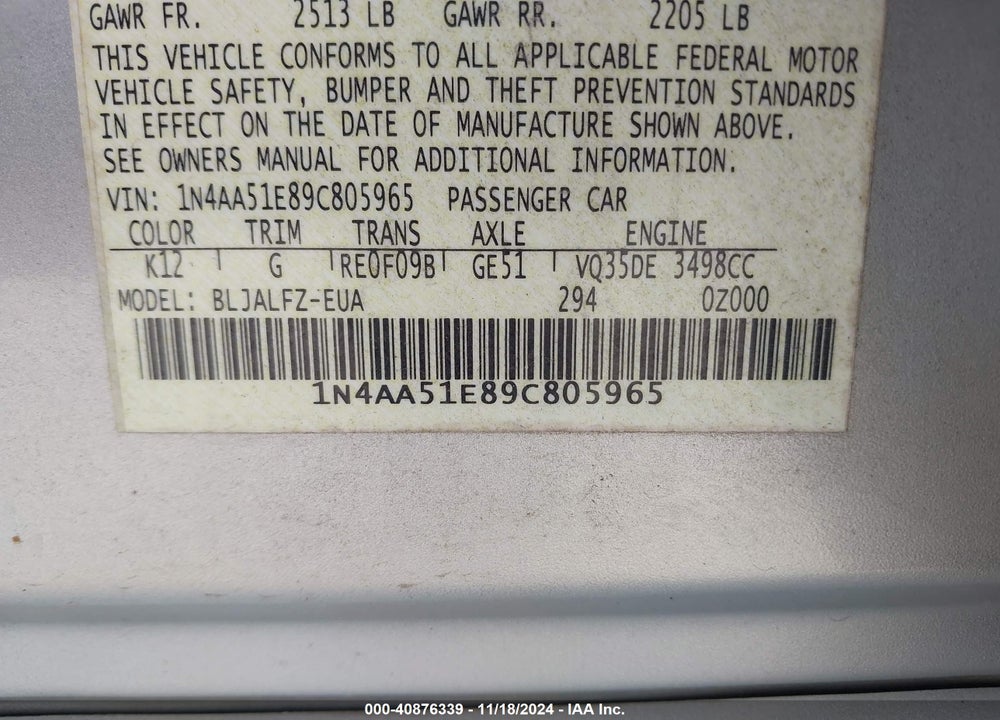 2009 NISSAN MAXIMA 3.5 SV VIN: 1N4AA51E89C805965