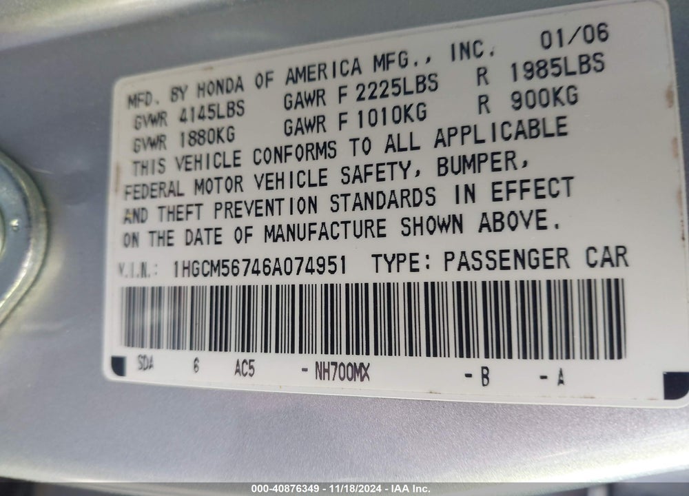 2006 HONDA ACCORD 2.4 EX VIN: 1HGCM56746A074951
