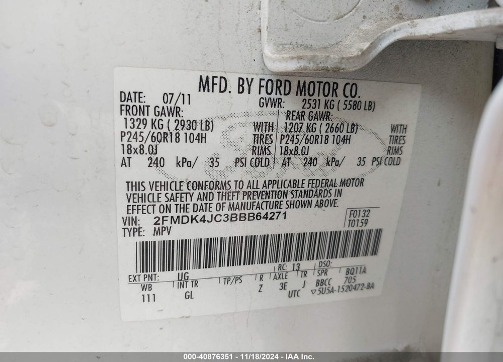 2011 FORD EDGE SEL VIN: 2FMDK4JC3BBB64271