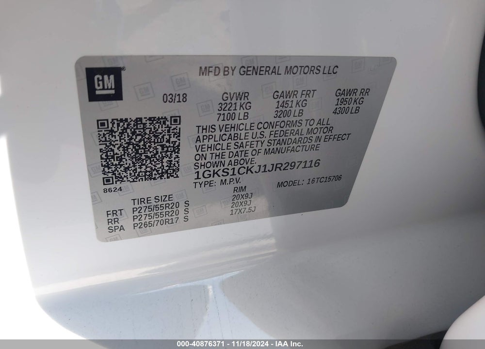 2018 GMC YUKON DENALI VIN: 1GKS1CKJ1JR297116