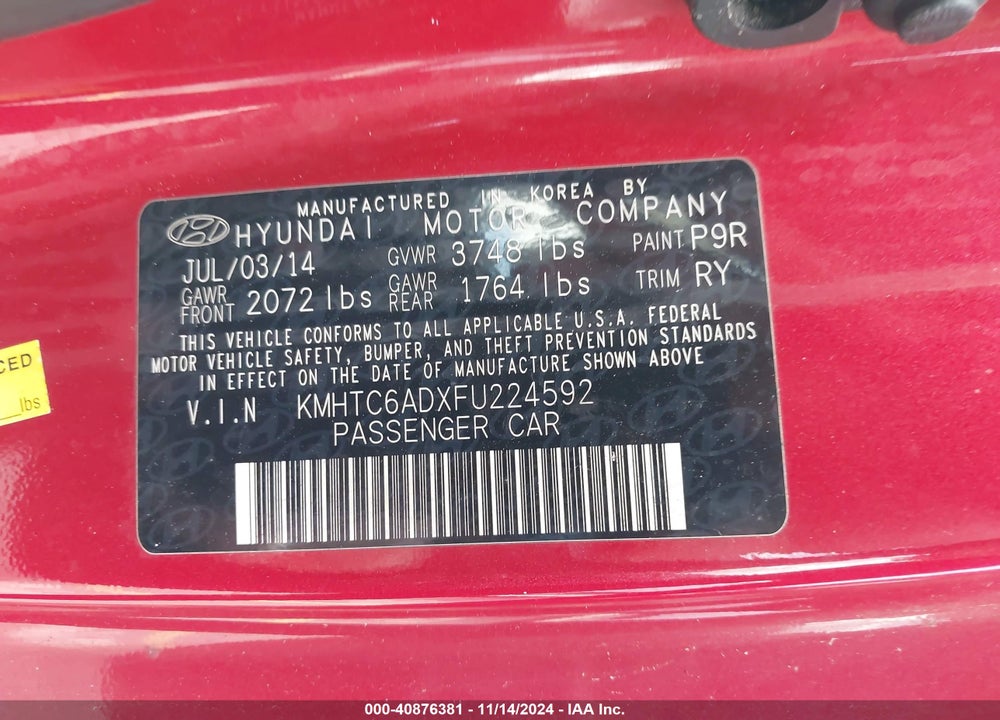 2015 HYUNDAI VELOSTER VIN: KMHTC6ADXFU224592