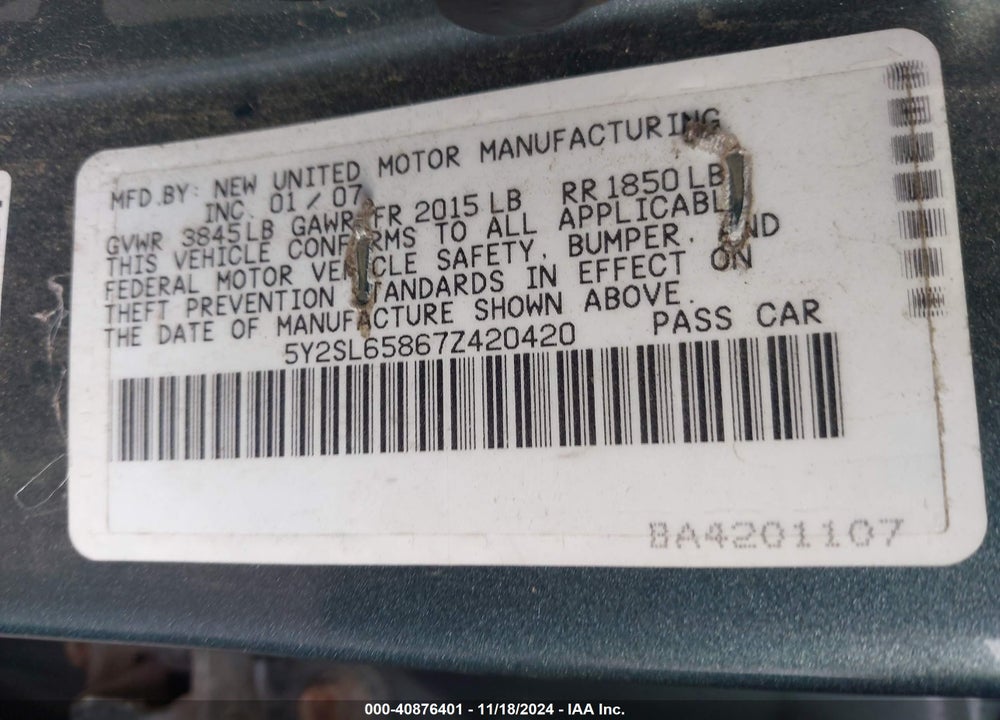 2007 PONTIAC VIBE VIN: 5Y2SL65867Z420420