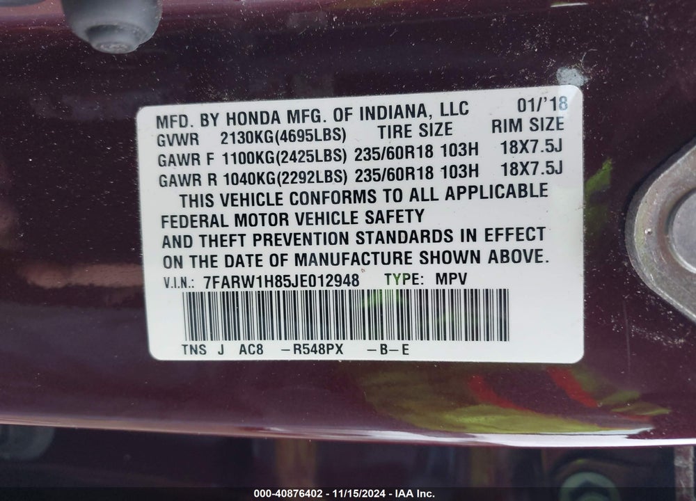 2018 HONDA CR-V EX-L/EX-L NAVI VIN: 7FARW1H85JE012948