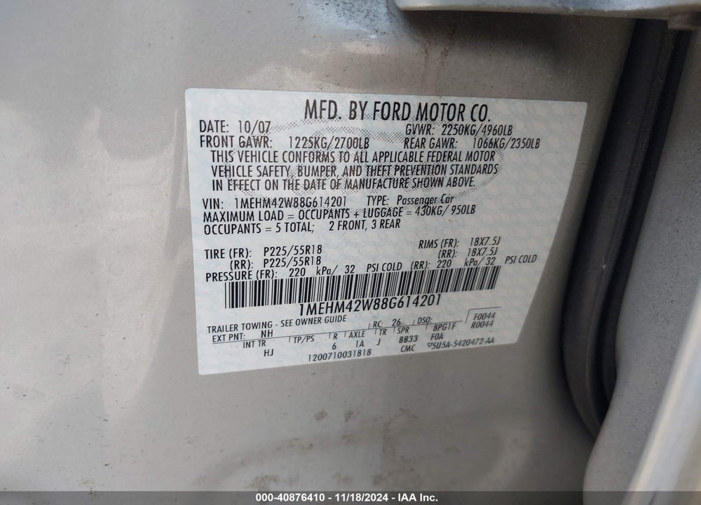 2008 MERCURY SABLE PREMIER VIN: 1MEHM42W88G614201