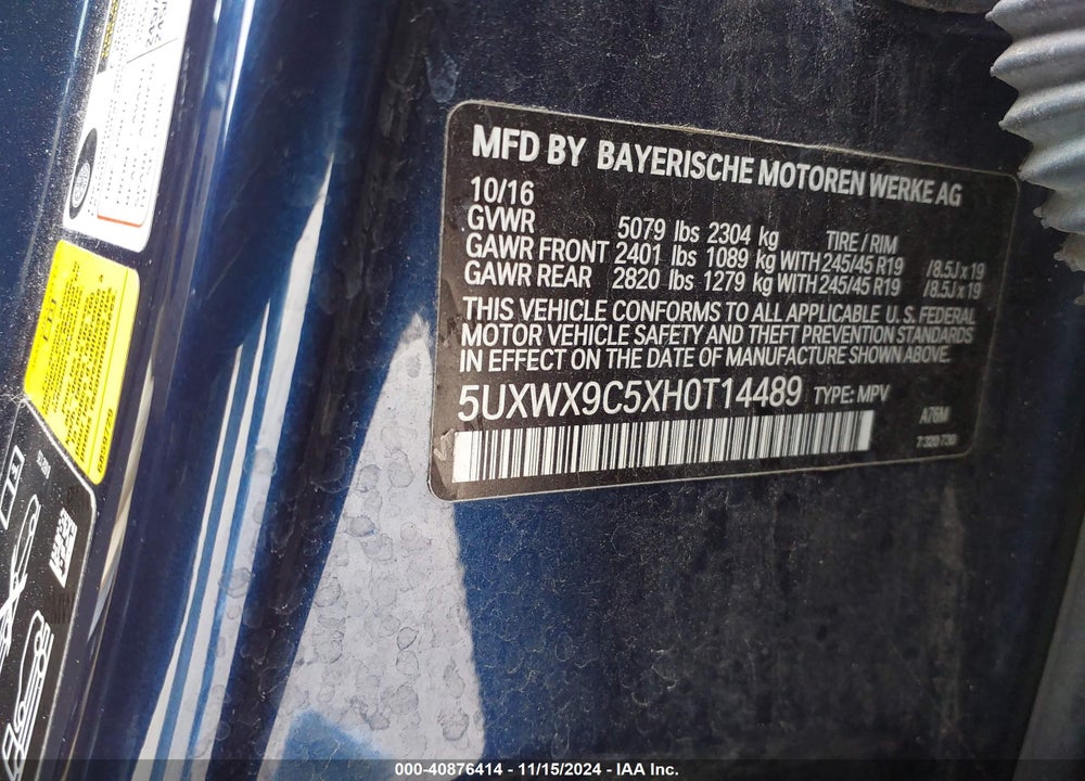 2017 BMW X3 XDRIVE28I VIN: 5UXWX9C5XH0T14489