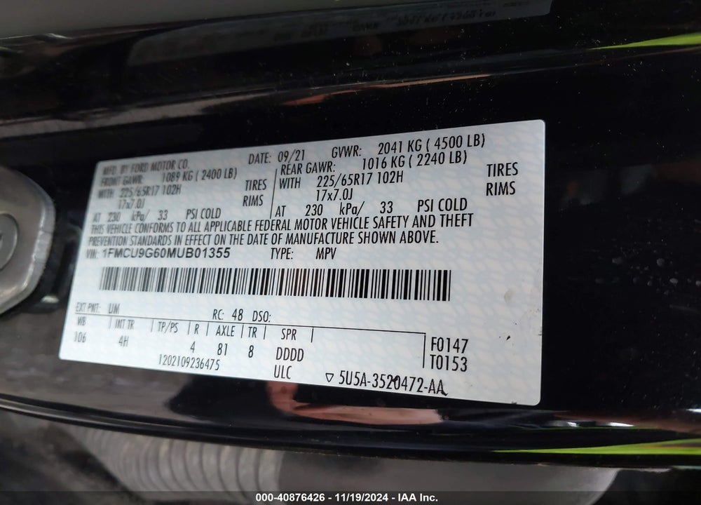 2021 FORD ESCAPE SE VIN: 1FMCU9G60MUB01355