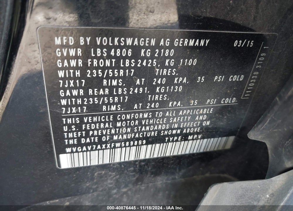 2015 VOLKSWAGEN TIGUAN SE VIN: WVGAV7AXXFW589859