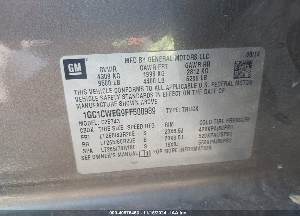2015 CHEVROLET SILVERADO 2500HD LTZ VIN: 1GC1CWEG9FF500989
