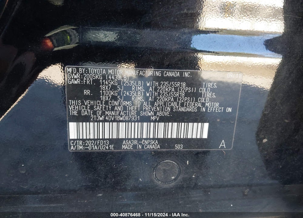 2011 TOYOTA RAV4 SPORT VIN: 2T3WF4DV1BW087931