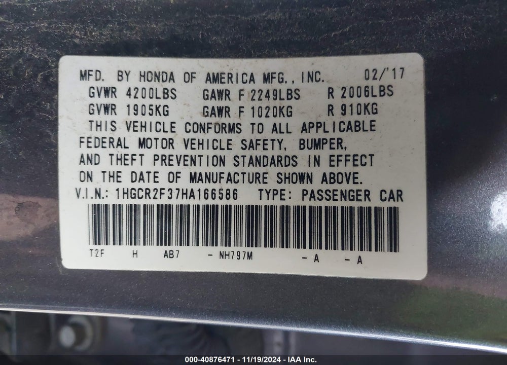 2017 HONDA ACCORD LX VIN: 1HGCR2F37HA166586