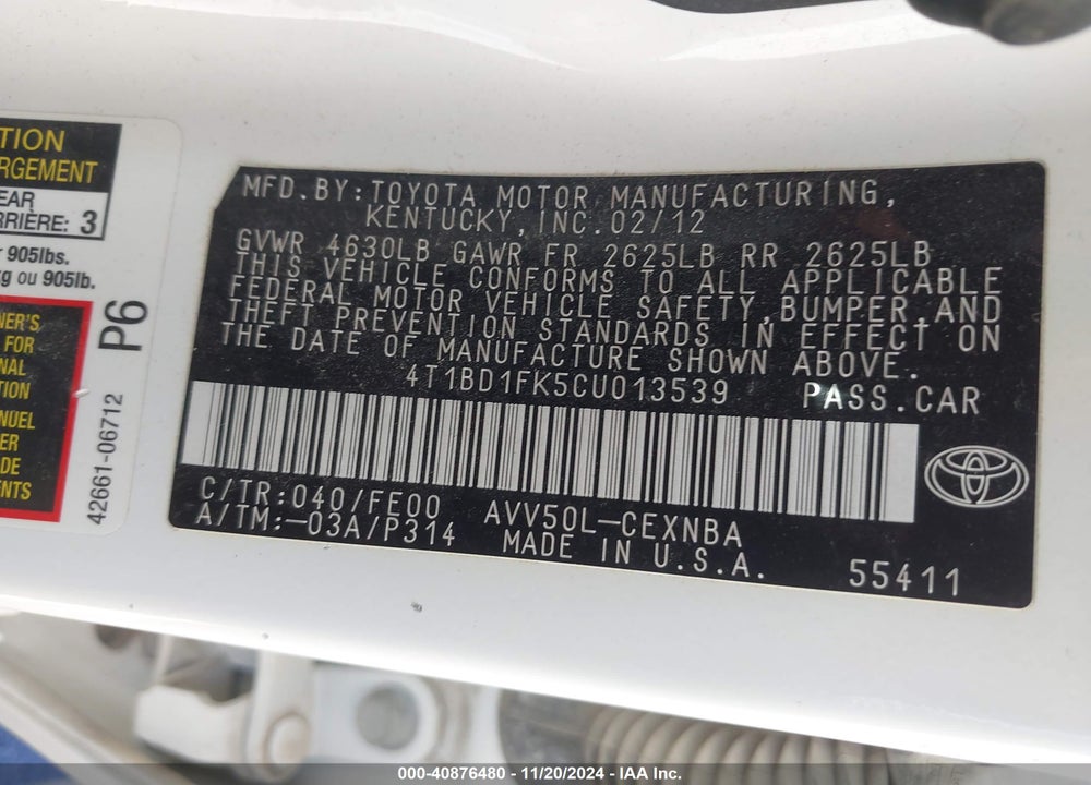 2012 TOYOTA CAMRY HYBRID VIN: 4T1BD1FK5CU013539