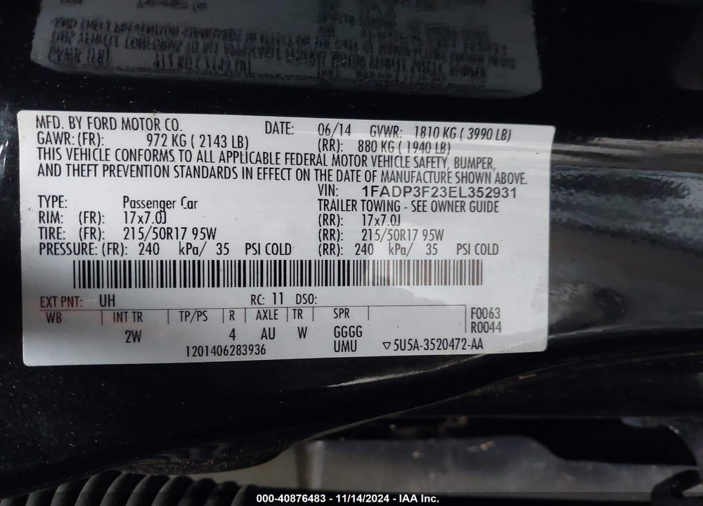 2014 FORD FOCUS SE VIN: 1FADP3F23EL352931
