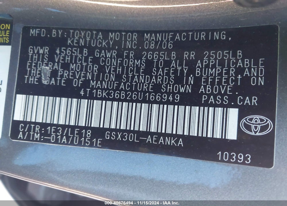2006 TOYOTA AVALON TOURING VIN: 4T1BK36B26U166949