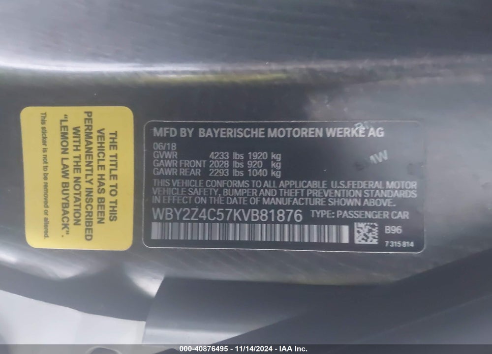 2019 BMW I8 VIN: WBY2Z4C57KVB81876