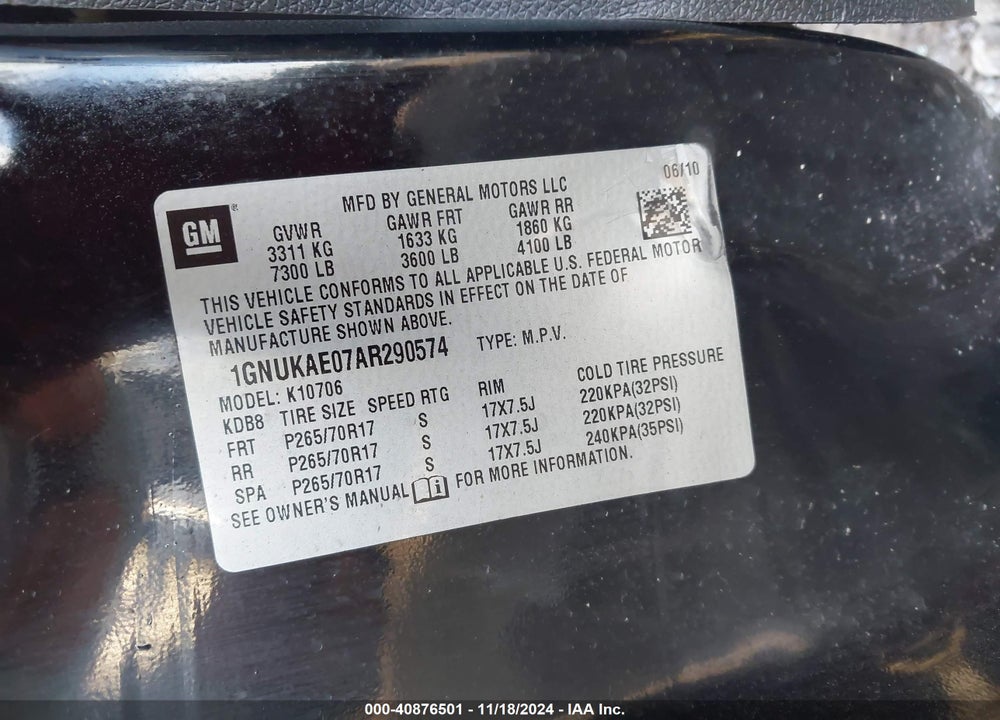 2010 CHEVROLET TAHOE LS VIN: 1GNUKAE07AR290574