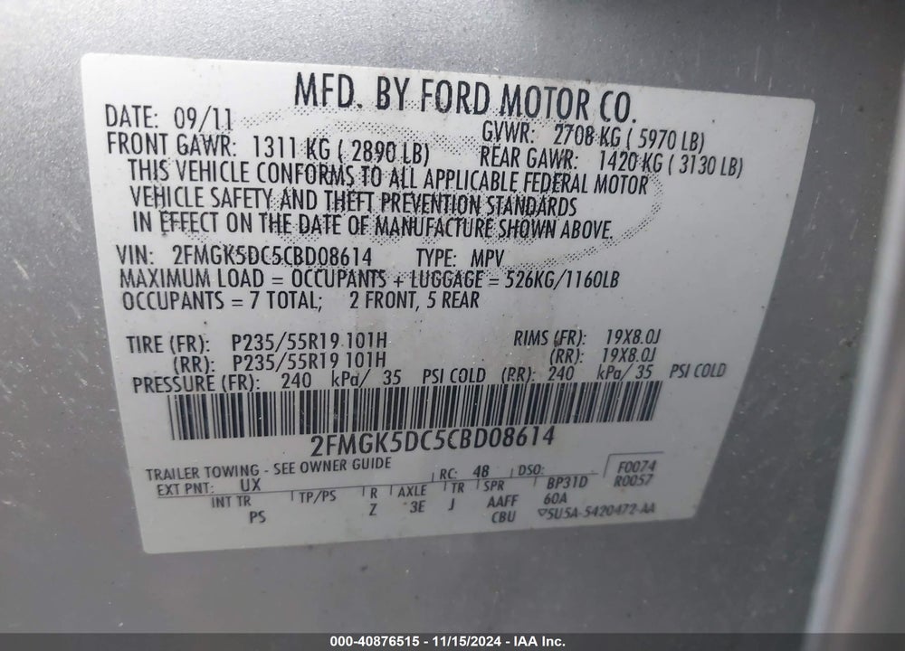 2012 FORD FLEX LIMITED VIN: 2FMGK5DC5CBD08614
