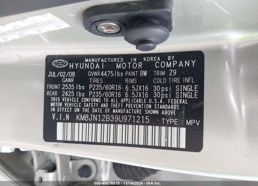 2009 HYUNDAI TUCSON LIMITED VIN: KM8JN12B39U971215