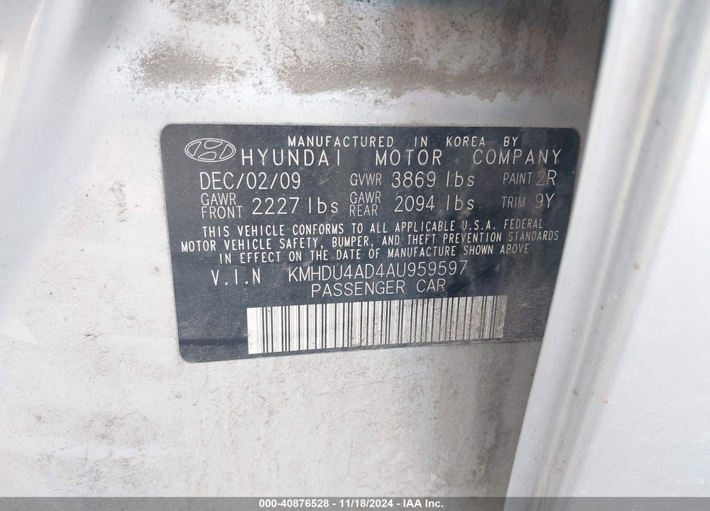 2010 HYUNDAI ELANTRA VIN: KMHDU4AD4AU959597
